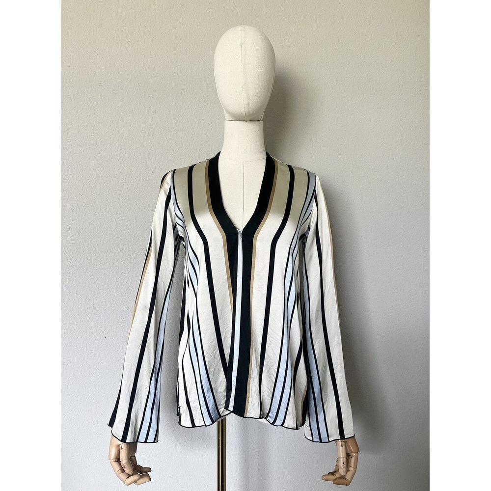 Giada Forte Women's Sz 0 Satin Viscose Striped Long Sleeve Blouse Top V-Neck